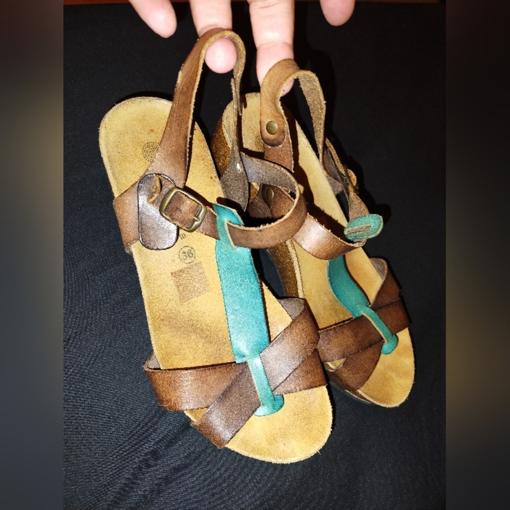 Lola Sabbia Size (36) US 6 Teal And Brown Quality Leather Sandals Adjustable